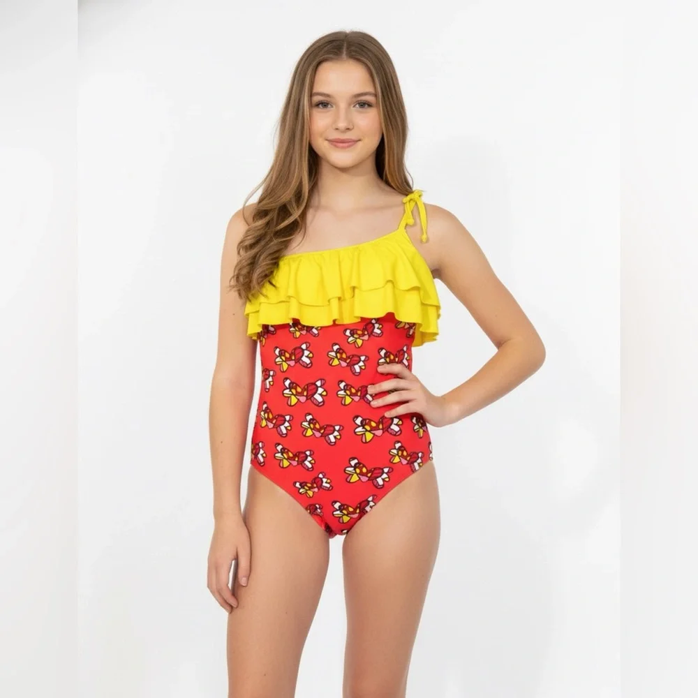 Submarine Red & Yellow One-Piece Girls Swimsuit | Size 12 | NWT | Roberto Romero